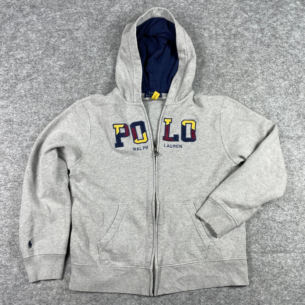 Polo Ralph Lauren Hoodie Boys L (14-16) Grey Full Zip Corduroy Applique Fleece
